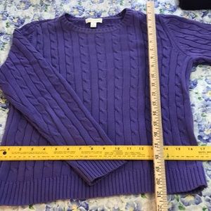 Macy’s Charter Club cable knit crew neck sweater; hits @ waist on 5’4” woman